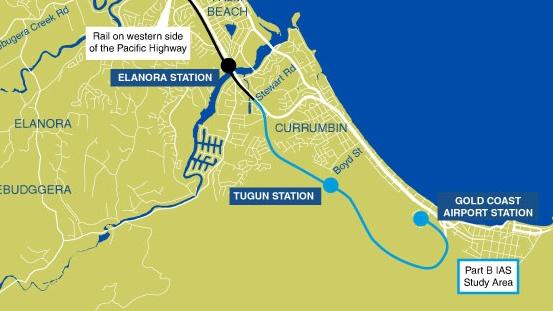 Map of the planned extension of the Gold Coast heavy rail.