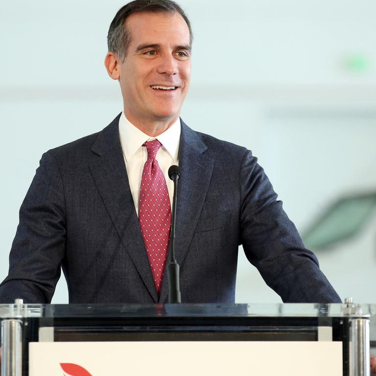 Los Angeles Mayor Eric Garcetti at the opening of a Qantas hangar at LAX in 2017. Picture: Matt Sayles / AP