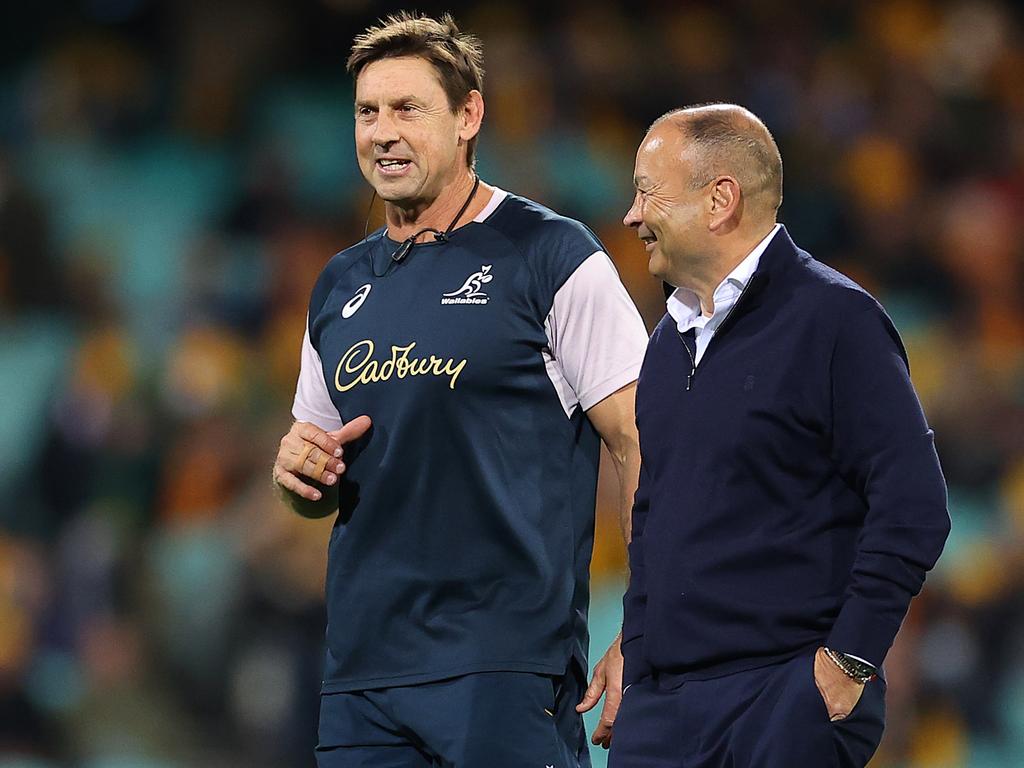 Scott Wisemantel (left) chats to Eddie Jones during the recent Wallabies-England Test series. Picture: Cameron Spencer / Getty Images