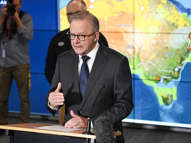 CANBERRA, AUSTRALIA  - NewsWire Photos - MARCH 6 2025: Prime Minister Anthony Albanese and National Emergency Management Agency Deputy Coordinator-General, Joe Buffone hold a media briefing in the National Situation Room (NEMA) in Canberra. Picture: NewsWire / Martin Ollman