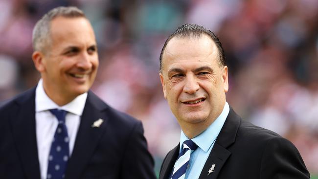 SYDNEY, AUSTRALIA - APRIL 25: Andrew Abdo the Chief Executive Officer of the National Rugby League and Peter V'landys the Chairman of the Australian Rugby League Commission are seen as they wait to take part in the pre-game ANZAC ceremony before the round seven NRL match between the St George Illawarra Dragons and the Sydney Roosters at Sydney Cricket Ground, on April 25, 2022, in Sydney, Australia. (Photo by Mark Kolbe/Getty Images)