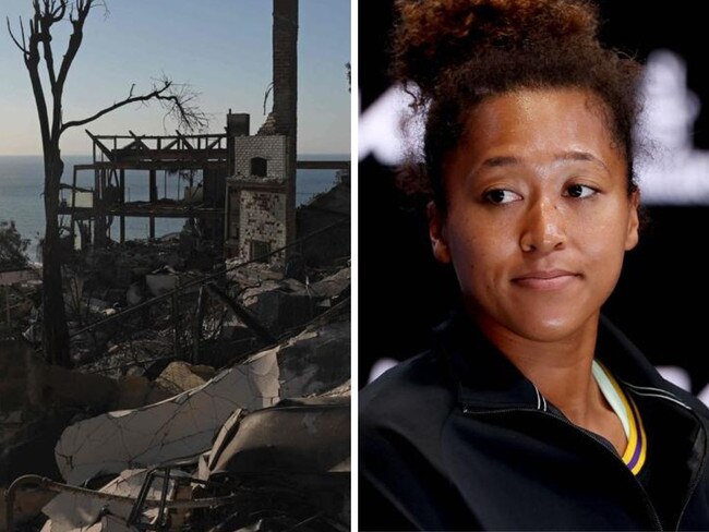 Naomi Osaka and some of the devastation in Los Angeles. Photos: AFP