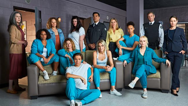 The cast of season eight of Wentworth, including The Freak far left. Pic: Narelle Portanier