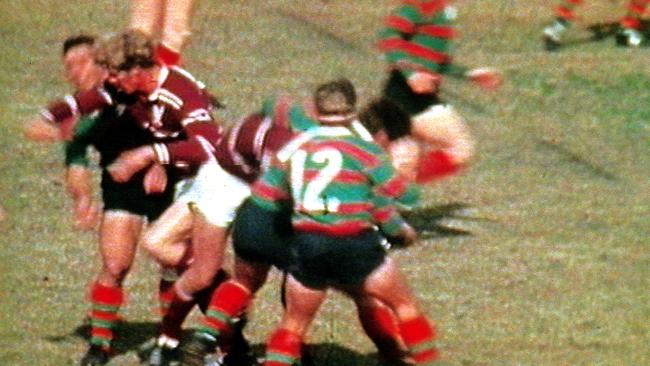 South Sydney captain John Sattler (left) is hit with a forearm to the head by John Bucknall during the 1970 NSWRL grand final at the SCG.