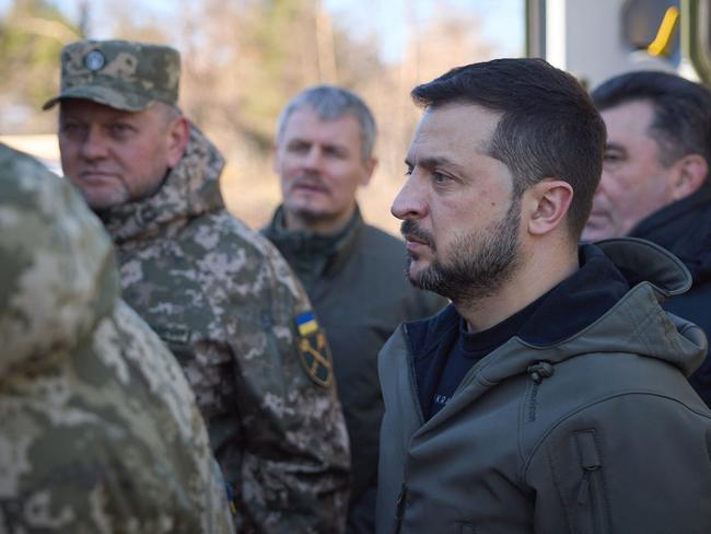 Ukraine's President Volodymyr Zelenskyy and then Commander-in-Chief of the Ukrainian Armed Forces Valeriy Zaluzhny (2nd L). Picture: UKRAINIAN PRESIDENTIAL PRESS SERVICE / AFP