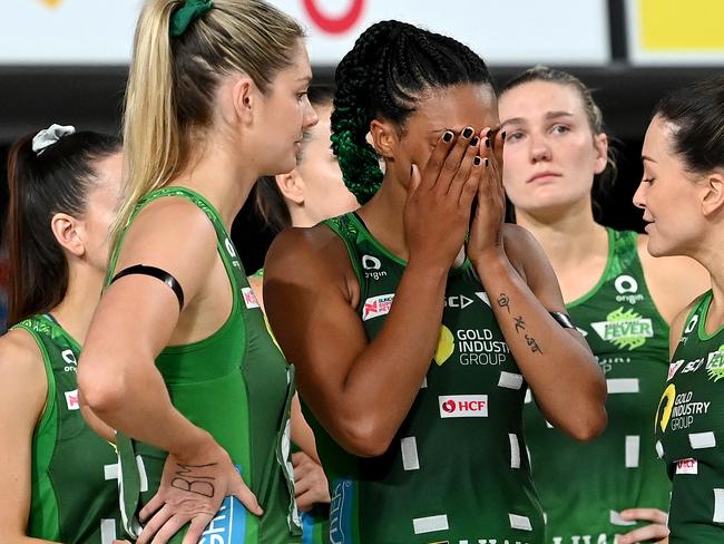BRISBANE, AUSTRALIA - OCTOBER 18: Stacey Francis of the Fever looks dejected after her team loses the 2020 Super Netball Grand Final match between the Melbourne Vixens and the West Coast Fever at Nissan Arena on October 18, 2020 in Brisbane, Australia. (Photo by Bradley Kanaris/Getty Images)