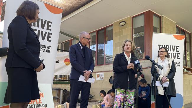 Minderoo Foundation co-chair Nicola Forrest speaks at the launch of the Thrive By Five childcare funding campaign in Box Hill on May 3, 2022. Picture: Kiel Egging.