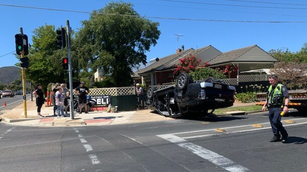 A car is on its roof after an accident on the corner of Forest Avenue and Montacute Road, Newton, on 28 Feb 2021. Picture: Rachel Rodda