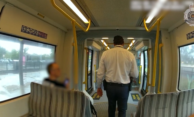 Plain clothes detectives patrol a Gold Coast tram as part of Taskforce Guardian. Picture: Queensland Police Service.