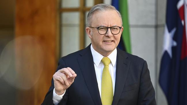 Prime Minister Anthony Albanese at a press conference at Parliament House in Canberra this week. Picture: NewsWire / Martin Ollman