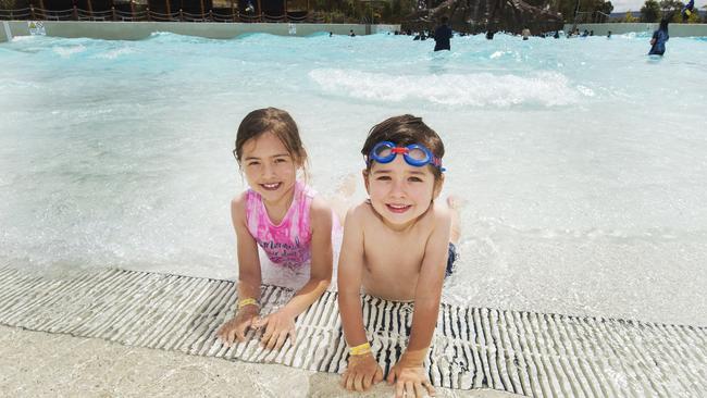 Sienna and Jack cool off at Funfields. Picture: Rob Leeson