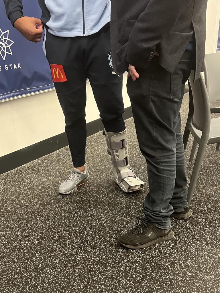 Payne Haas in a moon boot after the game.