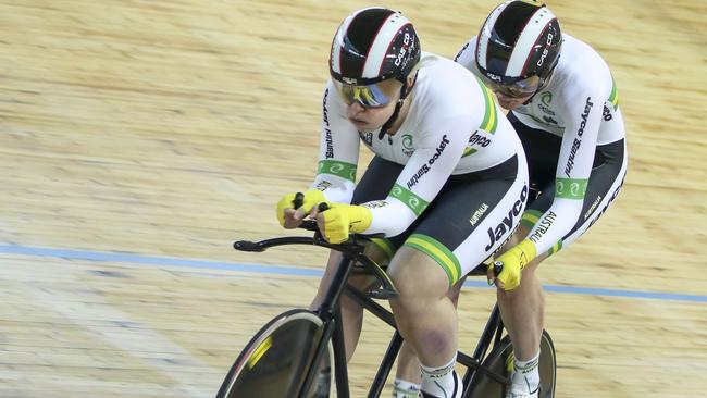 Jessica Gallagher (VIC) and Madison Janssen (QLD) claimed bronze in the tandem one kilometre time trial, stopping the clock after the four laps of the track in 1min 7.575secs. Picture: Cycling Australia