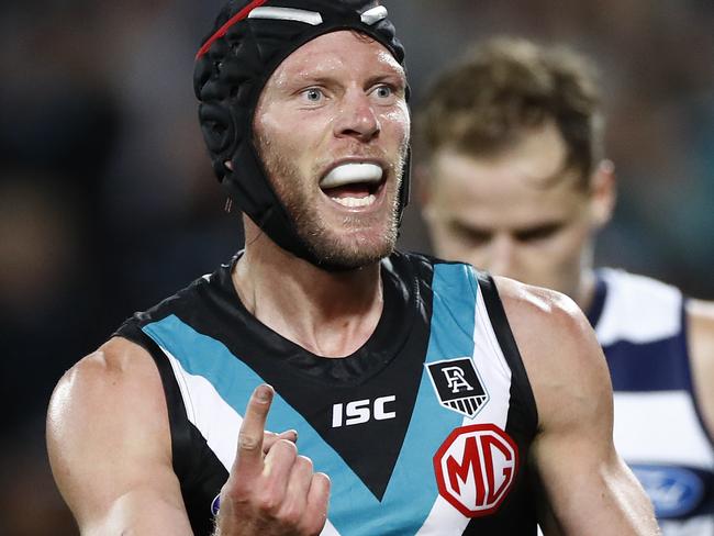 ADELAIDE, AUSTRALIA - OCTOBER 01: Brad Ebert of the Power celebrates after scoring a goal during the AFL First Qualifying Final match between the Port Adelaide Power and the Geelong Cats at Adelaide Oval on October 01, 2020 in Adelaide, Australia. (Photo by Ryan Pierse/Getty Images)