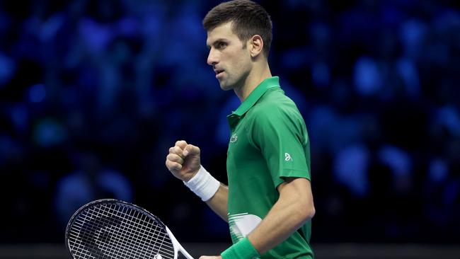 Novak Djokovic of Serbia celebrates match point against Andrey Rublev of Russia during round robin play on Day Four of the Nitto ATP Finals at Pala Alpitour on November 16, 2022 in Turin, Italy. (Photo by Matthew Stockman/Getty Images)