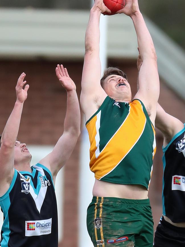 Murchison-Toolamba’s James Lloyd, centre, has finished on 130 goals in the Kyabram District league. Picture: Yuri Kouzmin