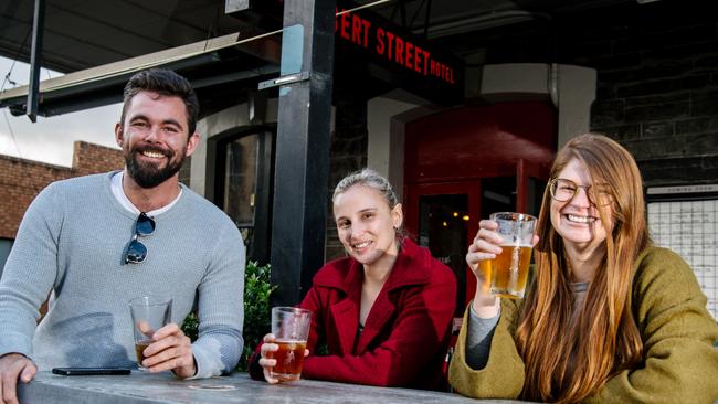 Tom Booker, 25, Erin Gold, 31, Tamara Haines, 37, at the Gilbert Hotel in Adelaide, Saturday, May 23, 2020. Photo: Morgan Sette.