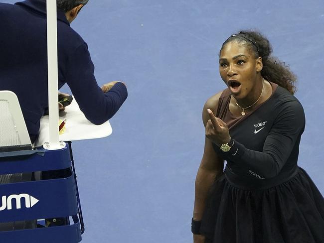 Serena Williams argues with the chair umpire during the US Open final. Picture: AP