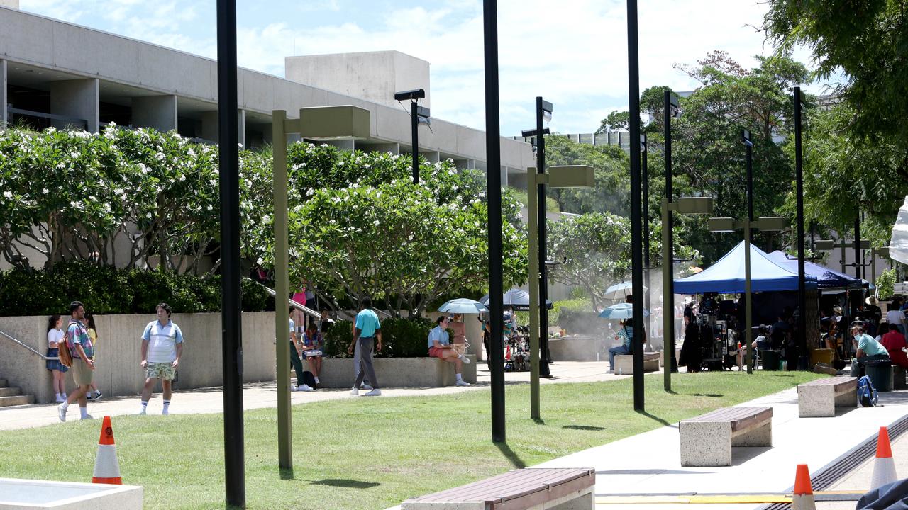 Young Rock extras at The Queensland Art Gallery, which is doubling for the University of Miami. Picture: Steve Pohlner