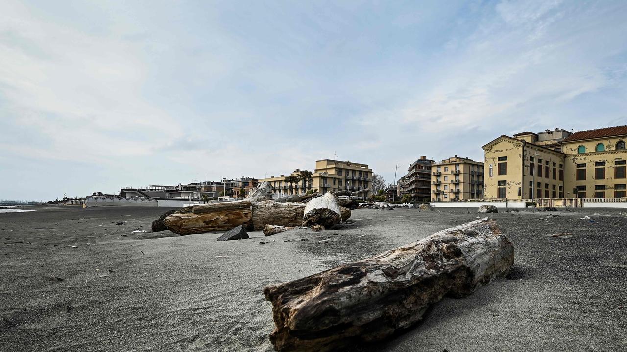 A beach in Ostia, some 30kms southwest of Rome, lies empty during the coronavirus. Picture: AFP/Vincenzo Pinto