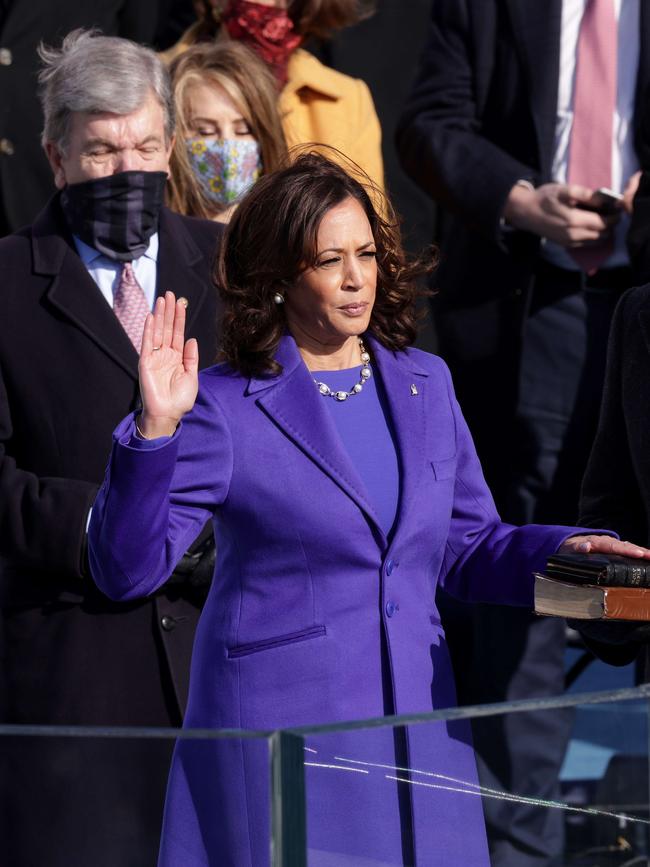 Kamala Harris is sworn in as Vice President as her husband Doug Emhoff looks on. Picture: AFP.