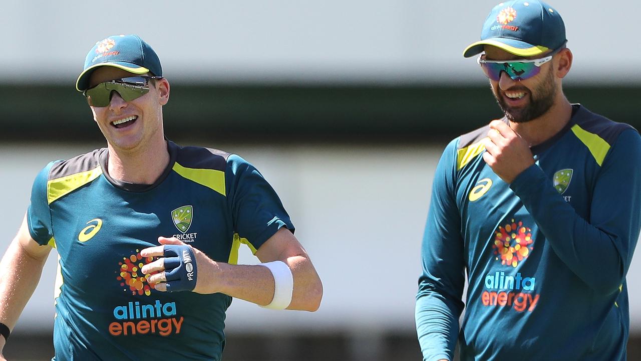 Steve Smith and Nathan Lyon at training. Picture: AAP Image/Richard Wainwright