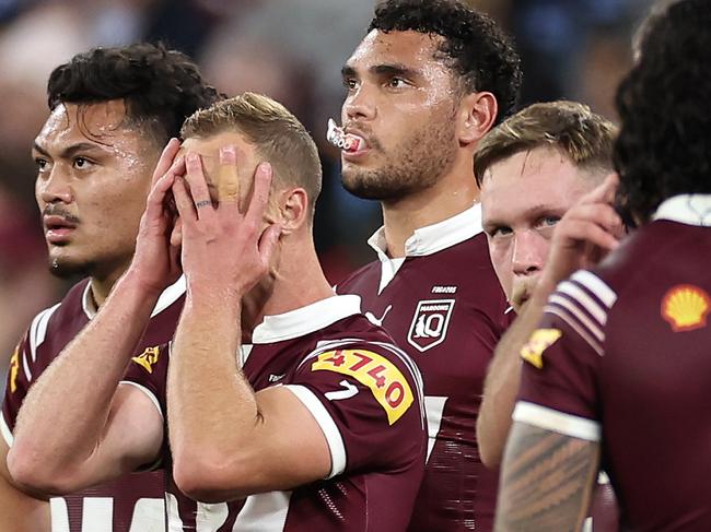 MELBOURNE, AUSTRALIA - JUNE 26:  Daly Cherry-Evans of the Maroons reacts after a Blues try during game two of the men's State of Origin series between New South Wales Blues and Queensland Maroons at the Melbourne Cricket Ground on June 26, 2024 in Melbourne, Australia. (Photo by Cameron Spencer/Getty Images)
