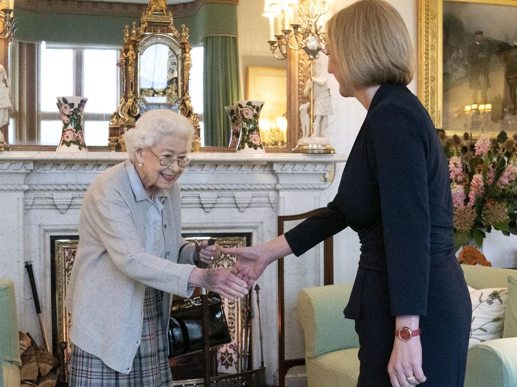 Queen Elizabeth greets newly elected leader of the Conservative party Liz Truss as she arrives at Balmoral Castle. Picture: Jane Barlow/WPA Pool/Getty Images.