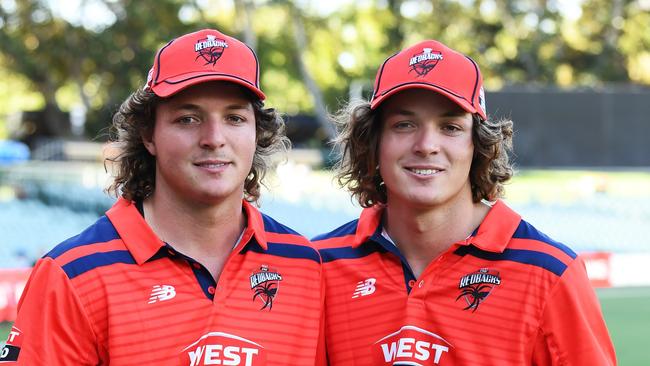 The Kelly twins Thomas and Corey after their history-making Marsh One-Day Cup match between South Australia and Queensland at Adelaide Oval. Picture: Mark Brake