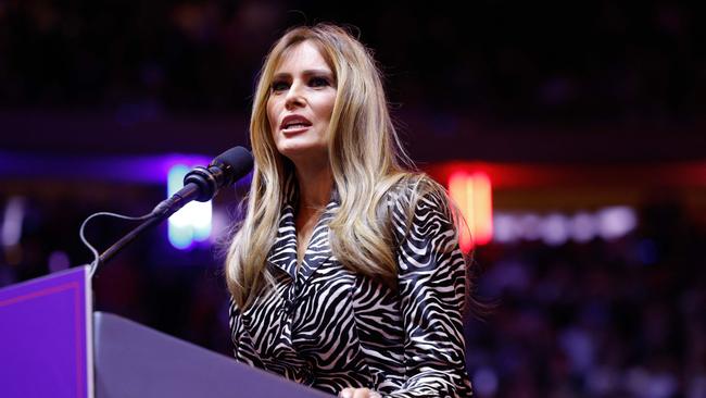 NEW YORK, NEW YORK - OCTOBER 27: Melania Trump speaks during a campaign rally for Republican presidential nominee, former U.S. President Donald Trump at Madison Square Garden on October 27, 2024 in New York City. Trump closed out his weekend of campaigning in New York City with a guest list of speakers that includes his running mate Republican Vice Presidential nominee, U.S. Sen. J.D. Vance (R-OH), Tesla CEO Elon Musk, UFC CEO Dana White, and House Speaker Mike Johnson, among others, nine days before Election Day.   Anna Moneymaker/Getty Images/AFP (Photo by Anna Moneymaker / GETTY IMAGES NORTH AMERICA / Getty Images via AFP)