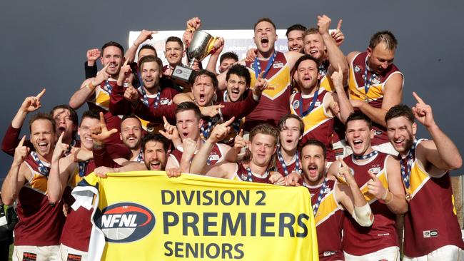 Lower Plenty celebrates its epic victory in the NFL Division 2 grand final. Picture: Mark Dadswell.