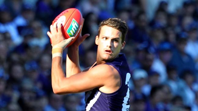 Harley Balic of the Dockers takes a mark during the Round 7 AFL match between the Fremantle Dockers and the Essendon Bombers at Domain Stadium in Perth, Sunday, May 7, 2017. (AAP Image/Richard Wainwright) NO ARCHIVING, EDITORIAL USE ONLY