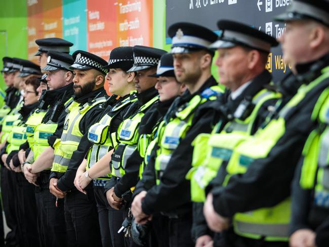 Police officers line up to observe a minute’s silence for the victims of the June 3 terror attacks at London Bridge Station. Picture: Jack Taylor/Getty