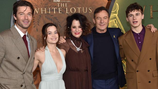 ... and with fellow cast members Sarah Catherine Hook, Parker Posey, Jason Isaacs and Sam Nivola. Picture: Chris Delmas/AFP