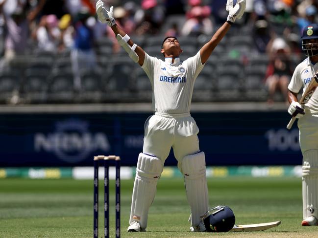 PERTH, AUSTRALIA - NOVEMBER 24: Yashasvi Jaiswal of India celebrates reaching a century during day three of the First Test match in the series between Australia and India at Perth Stadium on November 24, 2024 in Perth, Australia. (Photo by Cameron Spencer/Getty Images)