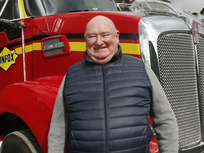 Lindsay Fox celebrates 60 years of Linfox with live displays at the Australian Automotive Research Centre in Anglesea. Lindsay Fox happily celebrates 60 years of his trucking empire beside one of his latest fleet trucks.    Picture: David Caird