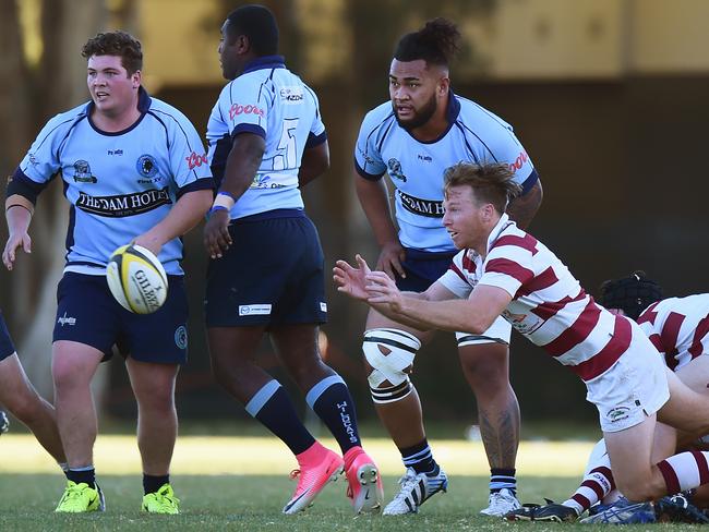 Kariong captain Scott Hanley passes the ball from a ruck during the Central Coast Rugby Union minor semi-final against Warnervale at Woy Woy Oval. Picture: Troy Snook