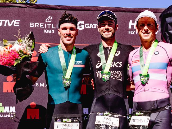Ironman 70.3 Tasmania menÃ•s podium. L-R 3rd Place, Caleb Noble, Winner Jake Birtwhistle and Mitch Kirby, 2nd place. Picture: Linda Higginson