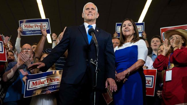 Karen Pence looks on as former US Vice President and 2024 Presidential hopeful Mike Pence speaks during his campaign launch. Picture: AFP.