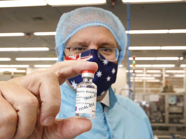 MELBOURNE, AUSTRALIA - FEBRUARY 12: Prime Minister Scott Morrison visits the CSL vaccine manufacturing facility on February 12, 2021 in Melbourne, Australia. Pharmaceutical company CSL is manufacturing Australia's Oxford-AstraZeneca COVID-19 vaccines.  (Photo by David Caird-Pool/Getty Images)