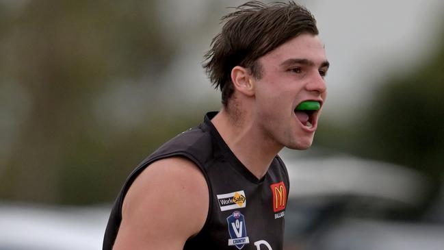 DarleyÃs Riley Matricardi celebrates a goal during the BFNL Melton v Darley football match in Toolern Vale, Saturday, June 3, 2023. Picture: Andy Brownbill