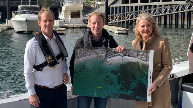 Morphett MP Stephen Patterson, Environment Minister David Speirs and Holdfast Bay Mayor Amanda Wilson announcing the new reef. Picture: Holdfast Bay Council.