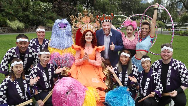 Peter Helliar and Emma Memma (Watkins) celebrating their unveiling as this year’s Moomba monarchs. Picture: David Crosling