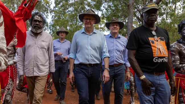 Prime Minister Anthony Albanese, centre, arrives for the Garma Festival at Gulkula on July 29 in East Arnhem. Picture: Getty