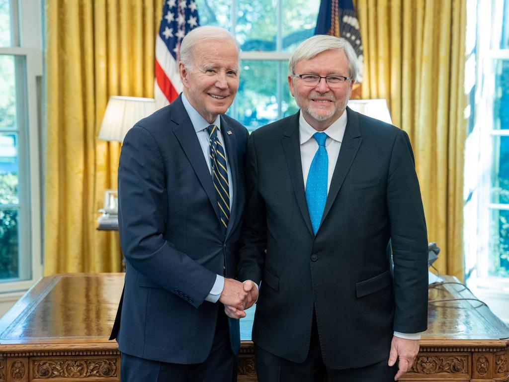 Kevin Rudd meeting Joe Biden last month to officially begin his posting as Australia's US Ambassador. Picture: Supplied