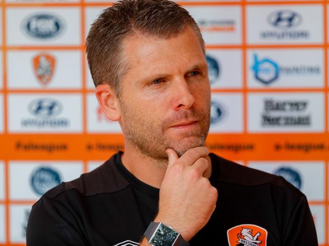 Brisbane Roar interim coach Darren Davies is seen speaking to media before a team training session at Logan Metro Sports Park, Brisbane, Thursday, January 10, 2019. (AAP Image/Glenn Hunt) NO ARCHIVING