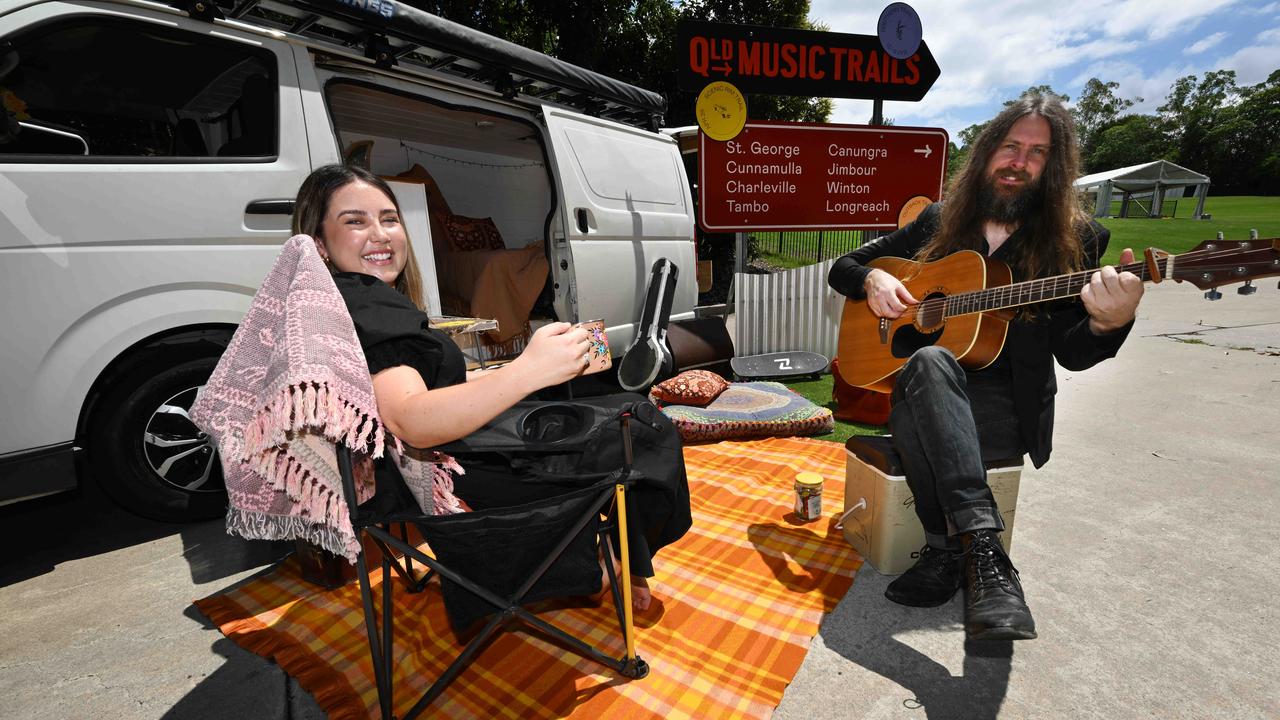 Musicians Jem Cassar-Daley and Karl S. Williams are ready to hit the road at the launch of Queensland Music Trails at River Stage, Brisbane. Picture: Lyndon Mechielsen