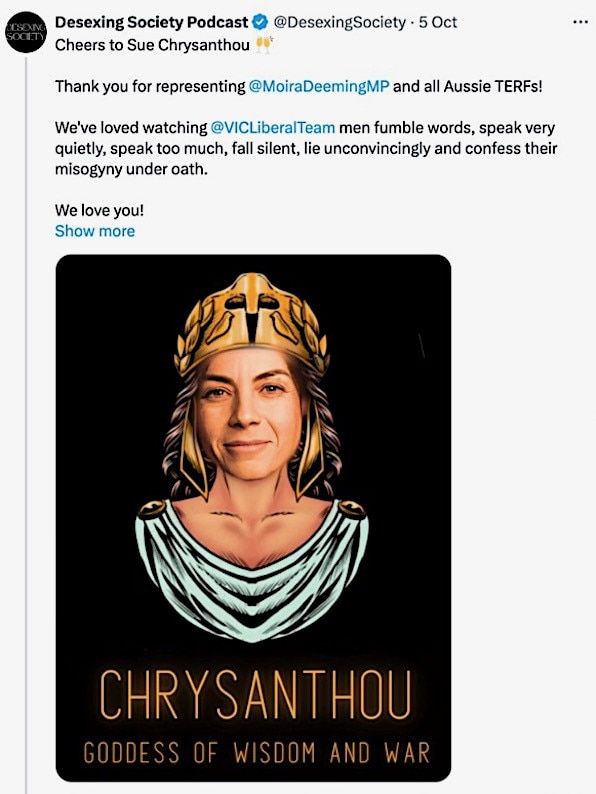 Sue Chrysanthou as depicted by the “Desexing Society Podcast”.