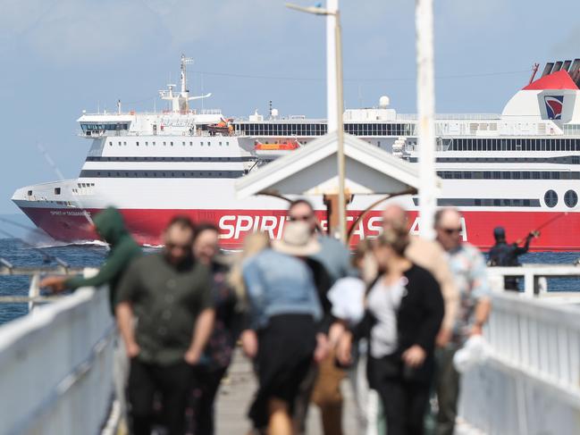 Spirit of Tasmania passes Point Lonsdale Pier. Shipping passing through Port Phillip Heads. Picture: Alan Barber