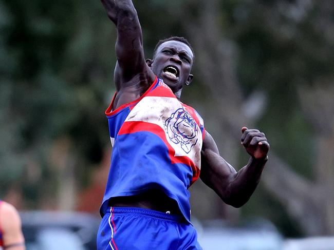 NFL footy: North Heidelberg v Macleod: Majak Daw of North Heidelberg celebrates a goal at Shelley Reserve, on Saturday, May 6, 2023 in Heidelberg Heights, Australia.Picture: Hamish Blair